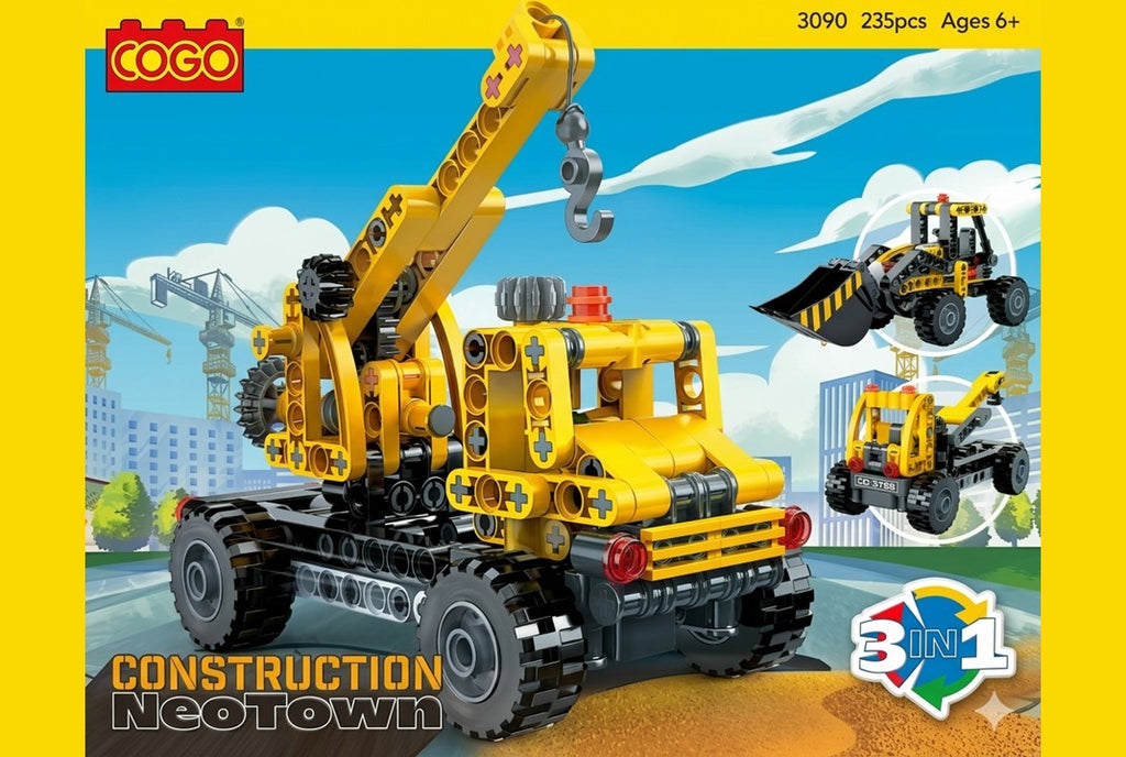 COGO 3090 Construction NeoTown 3-in-1 Building Block Set – Lorry Crane, Tow Truck & Digger (235 Pieces)