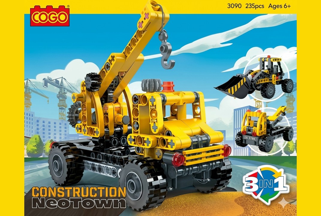 COGO 3090 Construction NeoTown 3-in-1 Building Block Set – Lorry Crane, Tow Truck & Digger (235 Pieces)