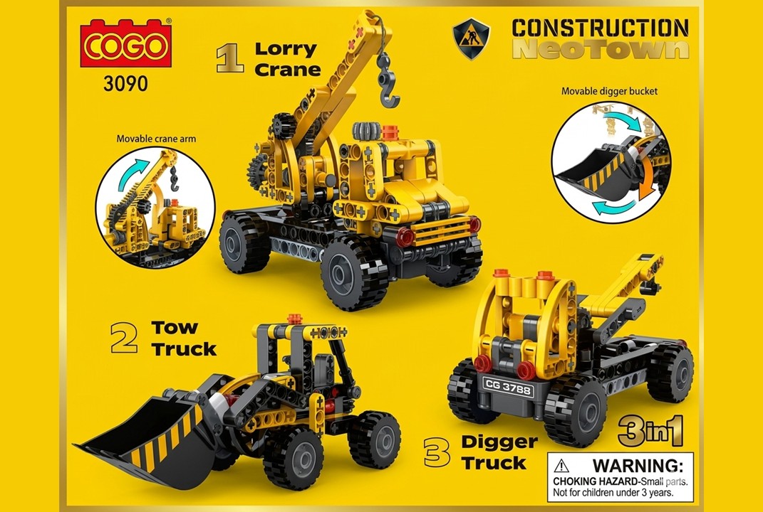 COGO 3090 Construction NeoTown 3-in-1 Building Block Set – Lorry Crane, Tow Truck & Digger (235 Pieces)